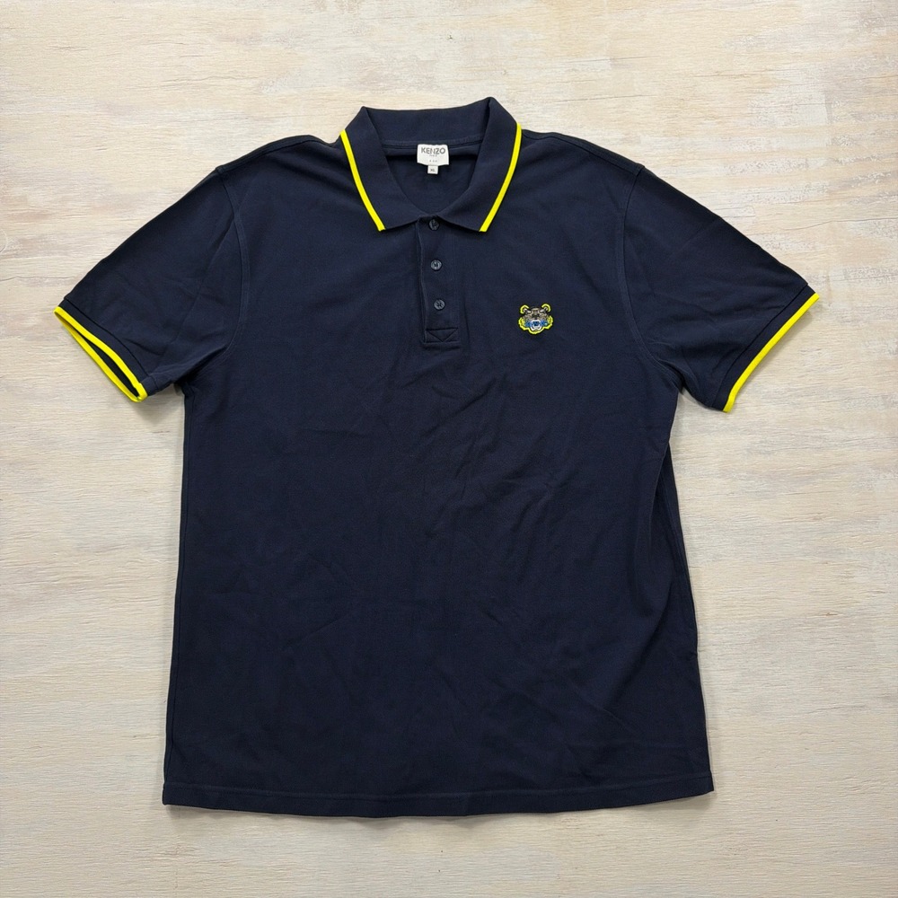 Kenzo Polo Shirt K Fit XL Tiger Head Logo Yellow Trim Navy Blue Mens